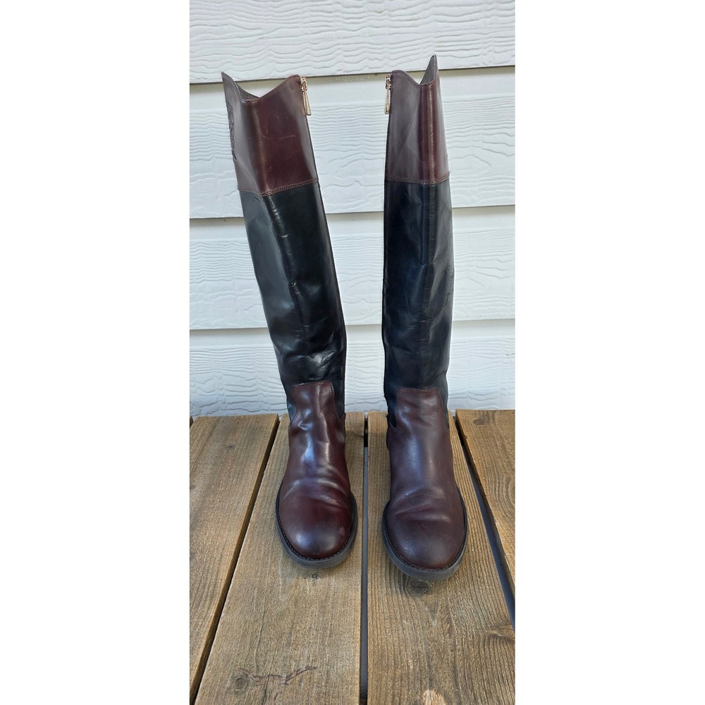 Vince Camuto Two Tone Leather Riding Boots Burgundy Black Knee High Crest Logo